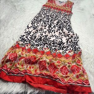 Marisol Women's L Smocked Floral Geo Cotton Maxi Dress Resort Boho Beach